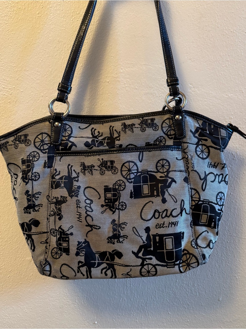 Vintage Coach Horse & Carriage Tote Bag, Black & Grey Jacquard Canvas Shoulder B - Picture 2 of 16